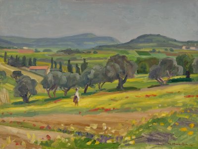 Attica, Spring Landscape with a Figure — Oil painting, Canvas, 46.00×61.00cm — Theodoros Markellos